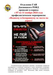 Госавтоинспекция Витебской области с 07 по 11 ноября 2024 года проводит комплекс профилактических мероприятий  «Пьяному и бесправному не место на дороге!»